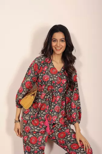 Pink and multi floral work two piece sets co-ord sets