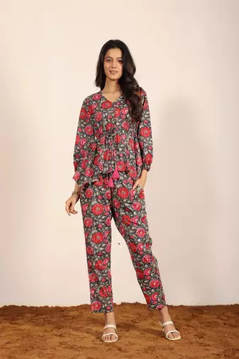 Pink and multi floral work two piece sets co-ord sets
