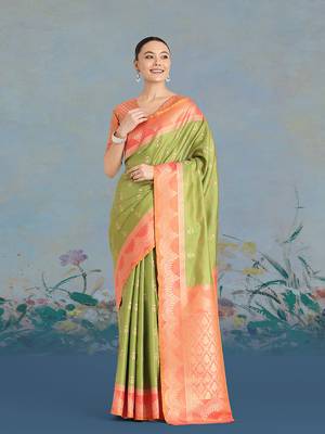 Olive green weaving banarasi tissue silk blend saree 1