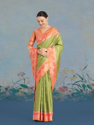 Olive green weaving banarasi tissue silk blend saree 2