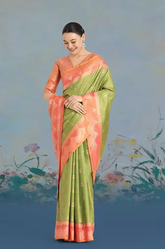 Olive green weaving banarasi tissue silk blend saree