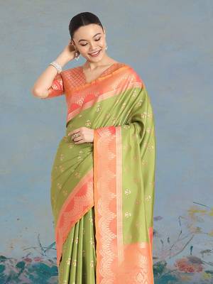 Olive green weaving banarasi tissue silk blend saree 3