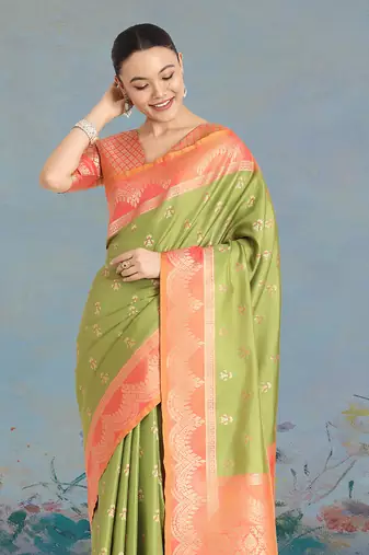 Olive green weaving banarasi tissue silk blend saree