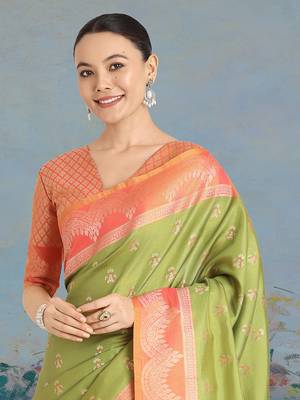 Olive green weaving banarasi tissue silk blend saree 4