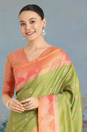 Olive green weaving banarasi tissue silk blend saree
