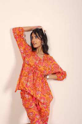 Orange and multi floral work two piece sets style co-ord sets 4