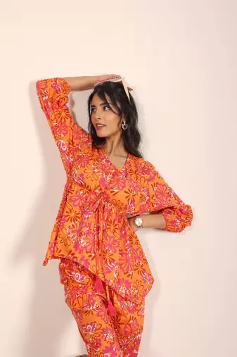 Orange and multi floral work two piece sets style co-ord sets
