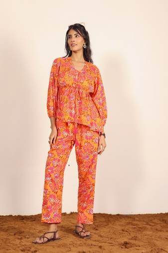Orange and multi floral work two piece sets style co-ord sets