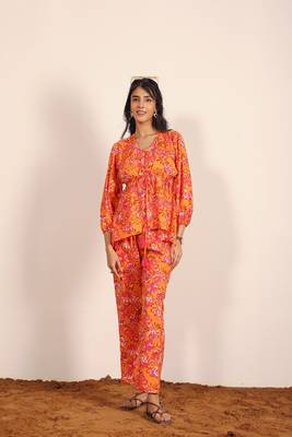 Orange and multi floral work two piece sets style co-ord sets 5