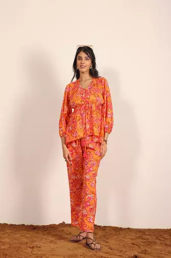 Orange and multi floral work two piece sets style co-ord sets