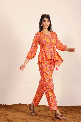Orange and multi floral work two piece sets style co-ord sets