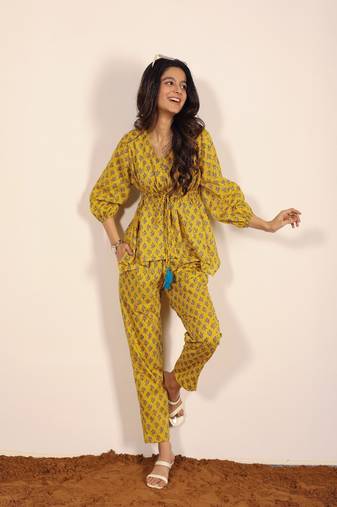 Yellow and multi geometric work two piece sets co-ord sets