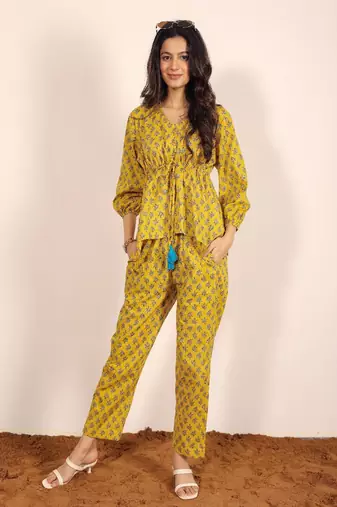 Yellow and multi geometric work two piece sets co-ord sets
