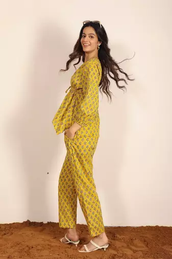 Yellow and multi geometric work two piece sets co-ord sets