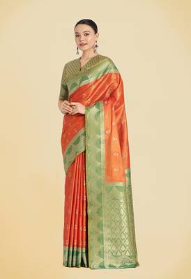 Orange weaving banarasi tissue silk blend saree 1