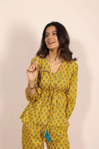 Yellow and multi geometric work two piece sets co-ord sets