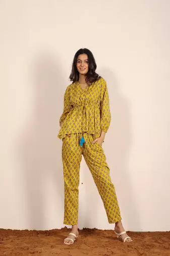 Yellow and multi geometric work two piece sets co-ord sets