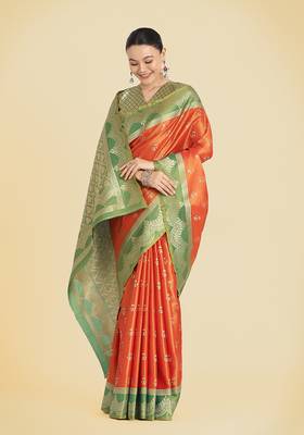 Orange weaving banarasi tissue silk blend saree 2
