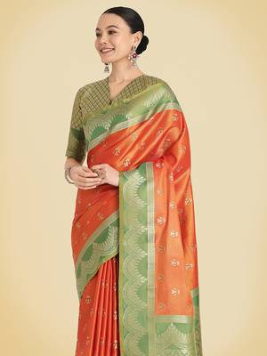 Orange weaving banarasi tissue silk blend saree 3