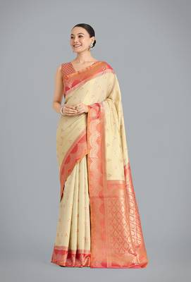 Cream weaving banarasi tissue silk blend saree 1