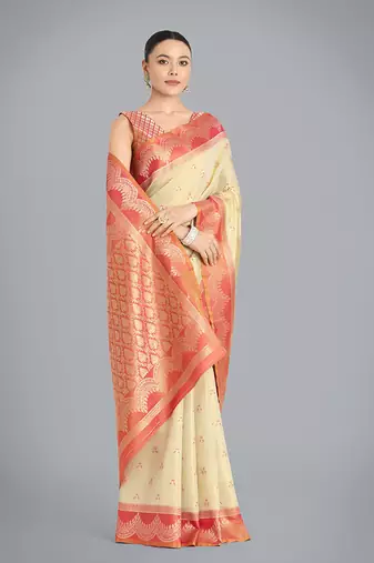 Cream weaving banarasi tissue silk blend saree