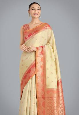 Cream weaving banarasi tissue silk blend saree 3