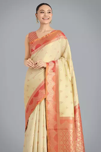 Cream weaving banarasi tissue silk blend saree