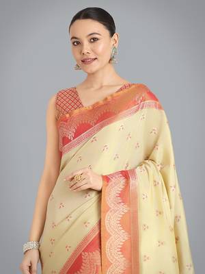 Cream weaving banarasi tissue silk blend saree 4