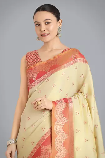 Cream weaving banarasi tissue silk blend saree