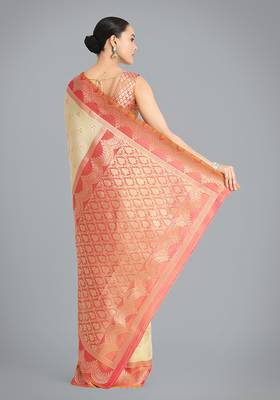 Cream weaving banarasi tissue silk blend saree 5