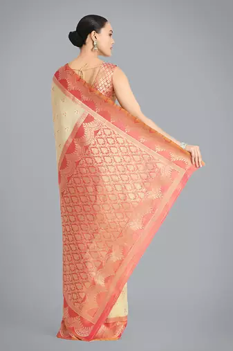 Cream weaving banarasi tissue silk blend saree