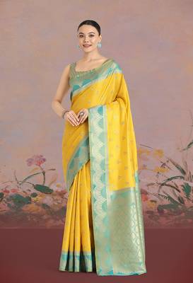 Yellow weaving banarasi tissue silk blend saree 1