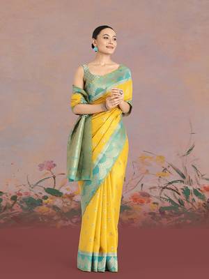 Yellow weaving banarasi tissue silk blend saree 2