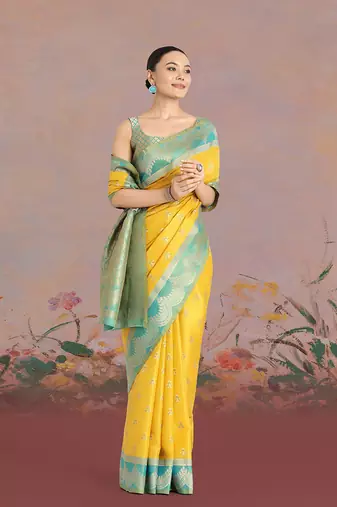 Yellow weaving banarasi tissue silk blend saree