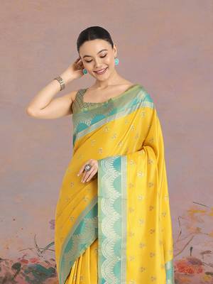 Yellow weaving banarasi tissue silk blend saree 3