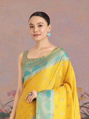 Yellow weaving banarasi tissue silk blend saree 4