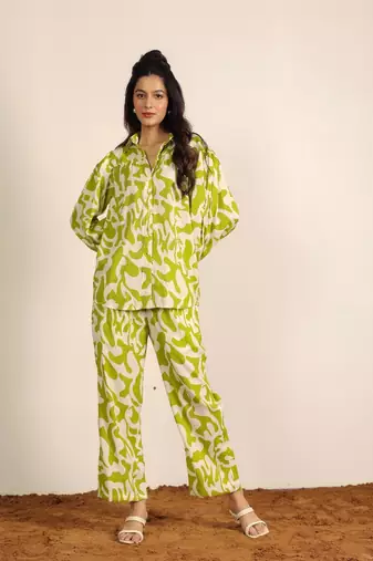 Green and white geometric co-ord set
