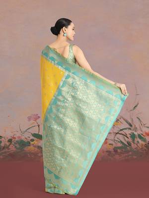 Yellow weaving banarasi tissue silk blend saree 5