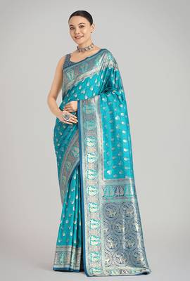 Turquoise blue color weaving banarasi silk blend saree 1