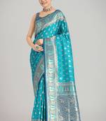 Turquoise blue color weaving banarasi silk blend saree