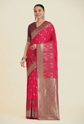 Pink banarasi silk blend zari woven saree 1