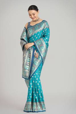 Turquoise blue color weaving banarasi silk blend saree 2
