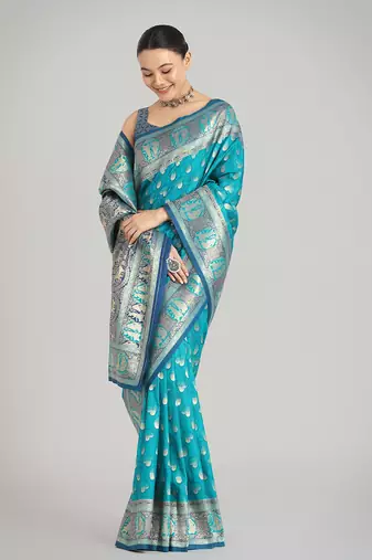 Turquoise blue color weaving banarasi silk blend saree