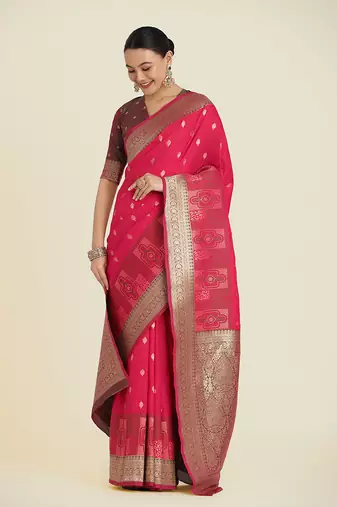 Pink banarasi silk blend zari woven saree