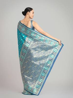 Turquoise blue color weaving banarasi silk blend saree 3