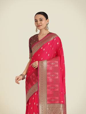 Pink banarasi silk blend zari woven saree 3
