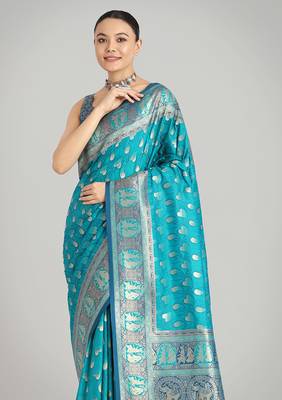 Turquoise blue color weaving banarasi silk blend saree 4