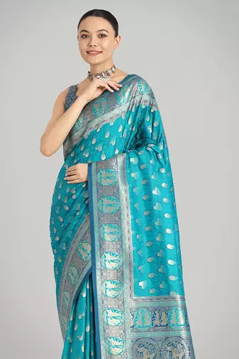 Turquoise blue color weaving banarasi silk blend saree