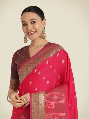 Pink banarasi silk blend zari woven saree 4