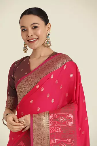 Pink banarasi silk blend zari woven saree